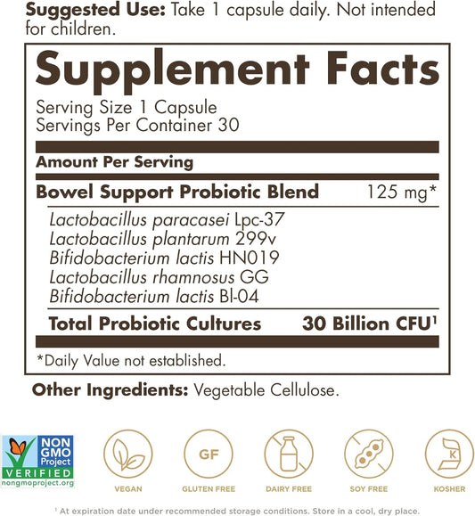 Solgar Advanced Bowel Support Probiotic, 30 Vegan Capsules - 30 Billion Cfu - 5 Clinically-Studied Strains - For Occasional Gas, Bloating & Abdominal Discomfort - Non-Gmo & Vegan, 30 Servings