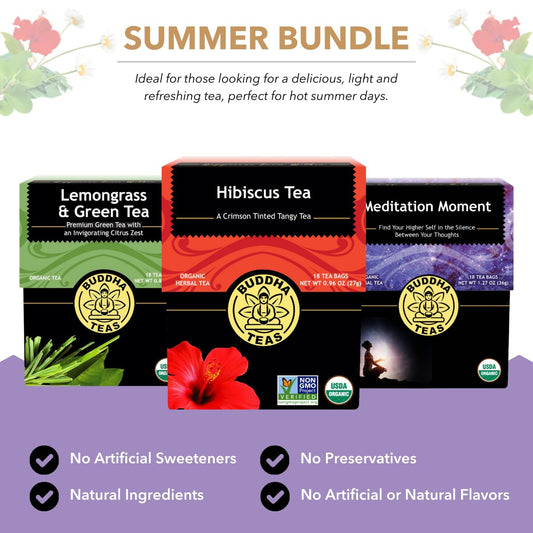 Buddha Teas - Organic Summer Tea Bundle - With Hibiscus Tea, Lemongrass Green Tea & Meditation Moment Tea - Vitamins & Minerals - Refreshing Teas - Clean Ingredients - Ou Kosher & Non-Gmo - Pack Of 3