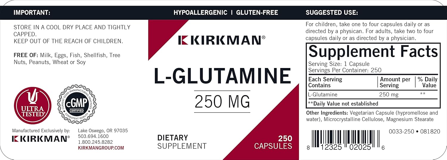 L-Glutamine 250 mg - Hypoallergenic | 250 Vegetarian Capsules | Amino Acid | Gluten and Casein Free : Health & Household