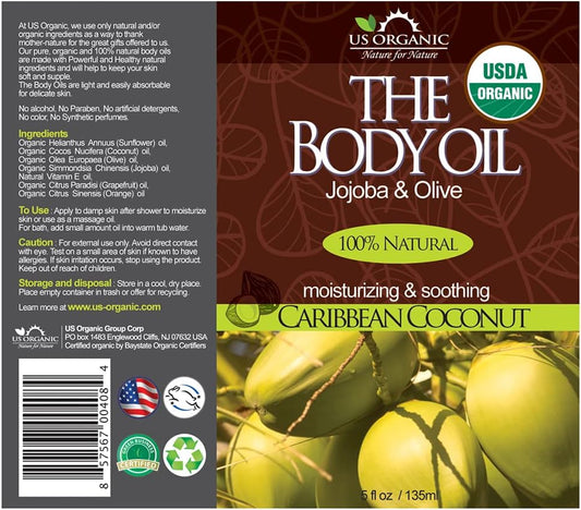 US Organic Body Oil, Smooth Caribbean Coconut - Jojoba and Olive Oil with Vitamin E, USDA Certified, No Alcohol, Paraben, Artificial Detergents, Color or Synthetic perfume, 5 Fl.oz (Caribbean Coconut)