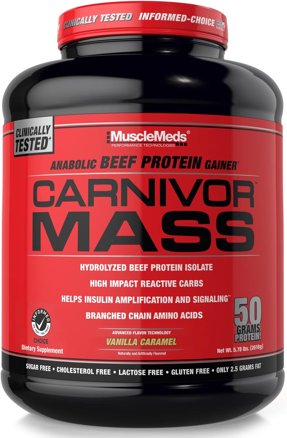 Musclemeds Carnivor Mass Gainer Beef Protein Isolate Shake, 50 Grams Protein, 125 Grams Carbs, 0 Fat, 0 Sugar, Lactose Free, Vanilla Caramel, 5 Pound : Health & Household