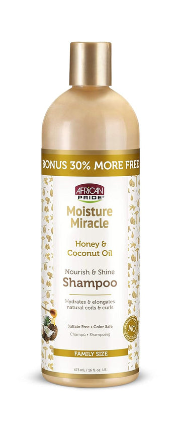 African Pride Moisture Miracle Honey & Coconut Oil Shampoo - For Natural Coils & Curls, Nourishes & Shines, Sulfate Free, Color Safe, Family size,16 oz