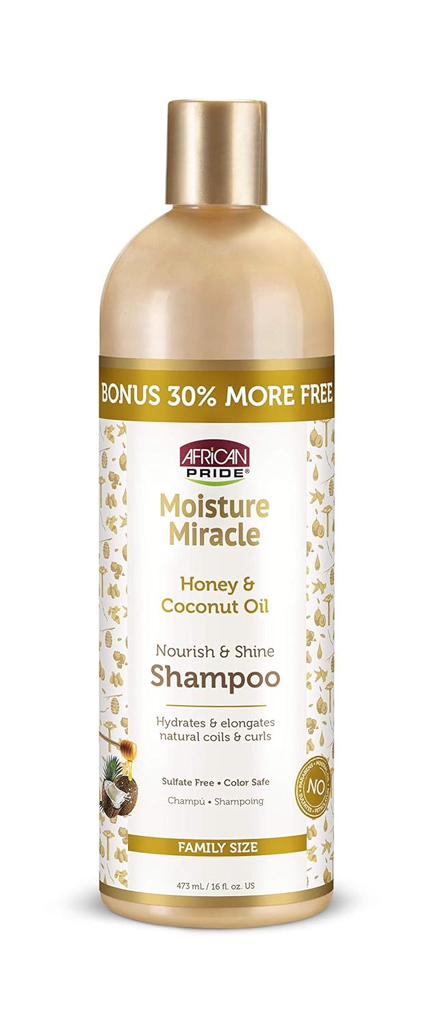 African Pride Moisture Miracle Honey & Coconut Oil Shampoo - For Natural Coils & Curls, Nourishes & Shines, Sulfate Free, Color Safe, 12 Oz