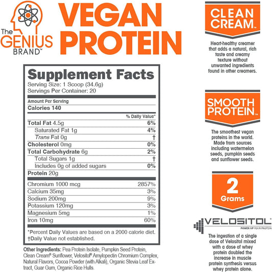 Genius Vegan Protein Powder, Chocolate - Plant-Based Lean Muscle Building Shake For Men & Women - Pea & Pumpkin Protein Sources - Naturally Flavored & Sweetened - Dairy & Lactose Free