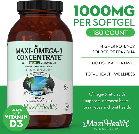 Maxi Health Triple Omega-3 Concentrate - Fish Oil - "1000 Iu" Vitamin D3 (190 Capsules)