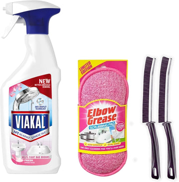 Spring Rose Limescale Remover Spray Bundle: Limescale Remover Spray 500Ml, Bonus Pink Elbow Grease Scrubbing Pad & Crevice Brushes - Ideal For Limescale Removal On Toilet, Bathtub & Kitchen Surfaces