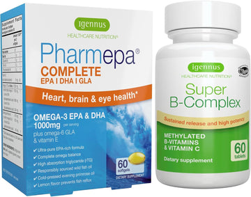 Super B-Complex & Pharmepa Complete Epa Dha Rtg Omega 3 1000Mg Bundle, Methylated Sustained Release B Complex With High Potency Fish Oil, By Igennus