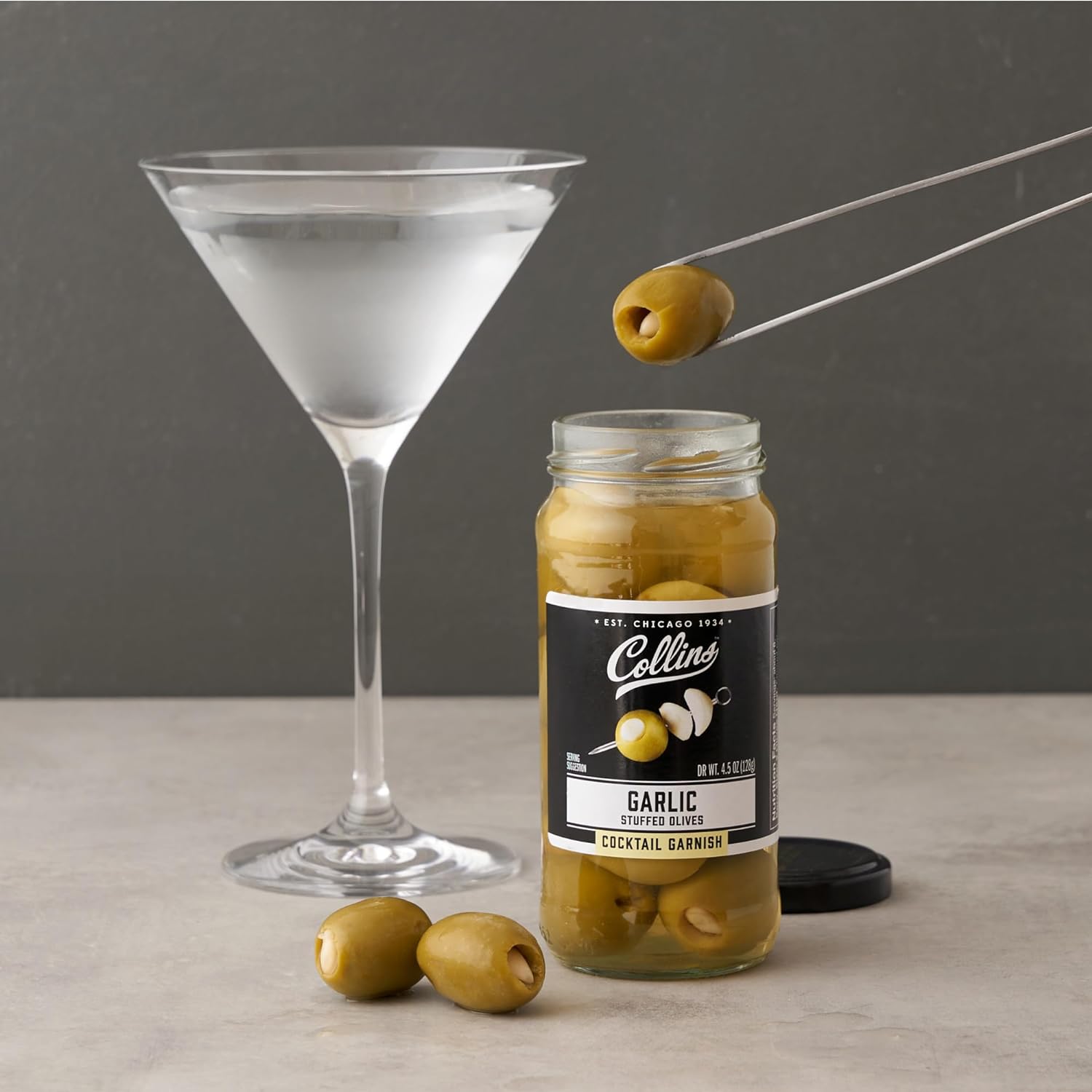 Collins Garlic Queen Olives | Premium Garlic-Stuffed Green Olives Garnish for Cocktails, Martinis, Salads, Charcuterie Trays, Cheese Boards, 5oz : Grocery & Gourmet Food