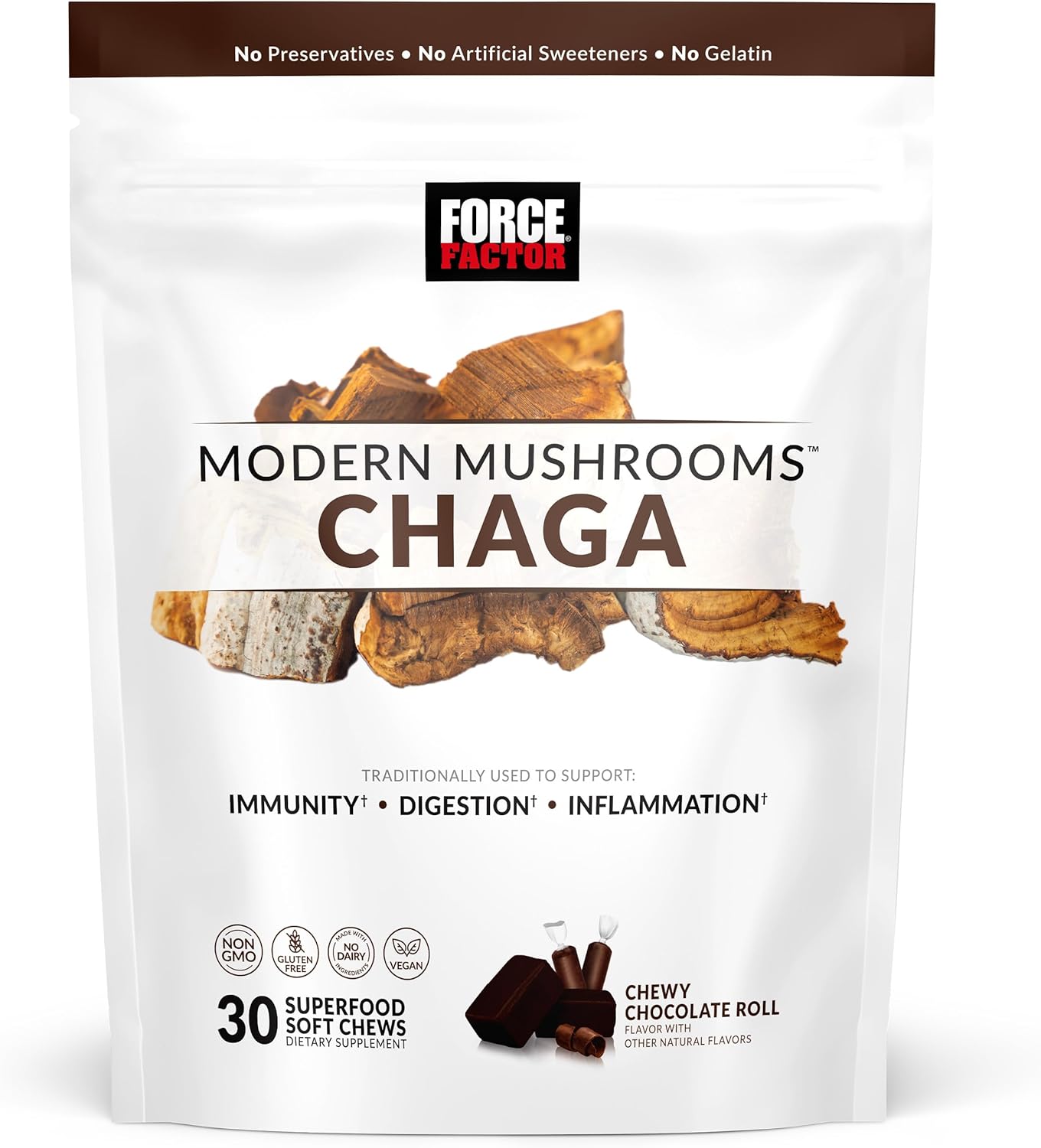 FORCE FACTOR Modern Mushrooms Soft Chews, Chaga Mushrooms Supplement to Support Immunity, Digestion, & Gut Health, Antioxidants Supplement, Delicious Chewy Chocolate Roll Flavor, 30 Soft Chews