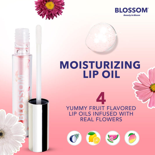 Blossom Lip Gloss & Lip Oil With Olive Oil + Grape Seed Oil, Moisturizing And Hydrating Shimmer Sparkle, Infused With Real Flowers, 3G, Coconut