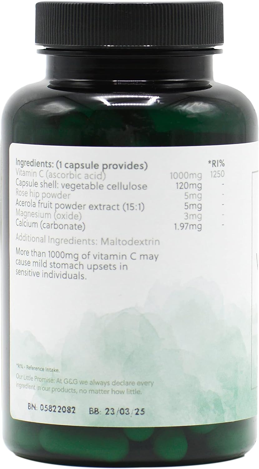 High Strength Vitamin C Capsules | 1000mg Vitamin C per Capsule | 120 Vegan Capsules | with Rosehip and Acerola | G&G Vitamins : Amazon.co.uk: Health & Personal Care