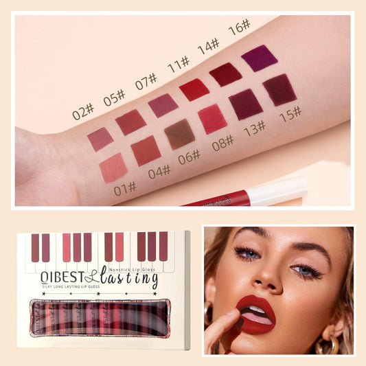 12Pcs Matte Liquid Lipstick Set For Girls & Women, 24 Hours Long Lasting Waterproof Nude & Dark Red Lip Gloss Makeup Kits, Velvet Non-Stick Cup Mate Duracion 24 Horas Originales Lip Stains (Set 03, 1)