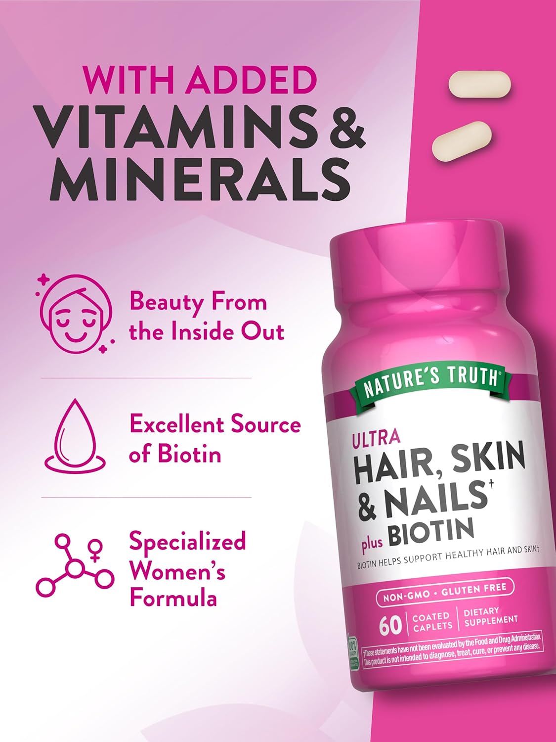 Hair Skin and Nails Vitamins | 60 Caplets | with Biotin and Collagen | Non-GMO and Gluten Free Supplement for Women and Men | by Nature's Truth : Health & Household