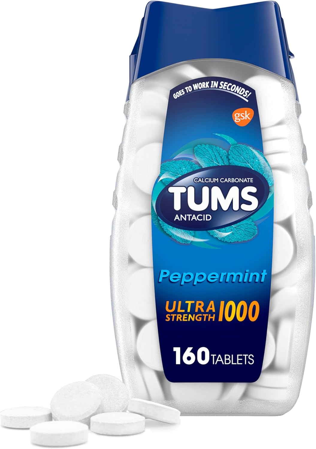 TUMS Ultra Strength Chewable Antacid Tablets for Heartburn Relief, Peppermint - 160 Count