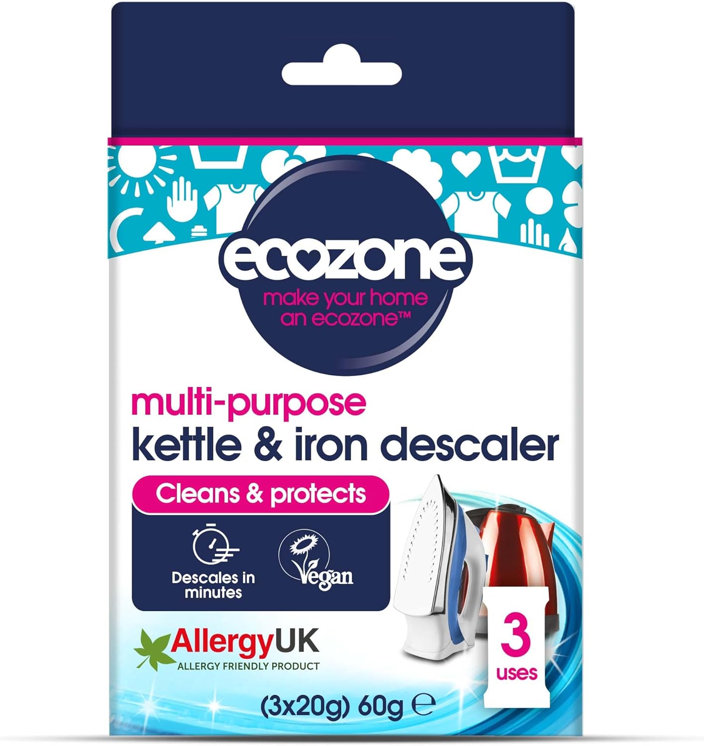 Ecozone Kettle And Iron Descaler, Internal Cleaner & Scale Remover For Kitchen & Home Appliances, Limescale Prevention Sachets, Easy To Use, Natural Vegan & Non Toxic Eco-Safe Formula (3 Treatments)