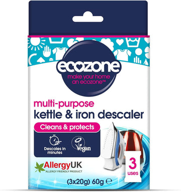 Ecozone Kettle And Iron Descaler, Internal Cleaner & Scale Remover For Kitchen & Home Appliances, Limescale Prevention Sachets, Easy To Use, Natural Vegan & Non Toxic Eco-Safe Formula (3 Treatments)