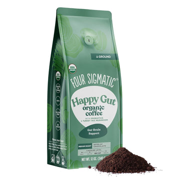 Four Sigmatic Gut Health Organic Ground Coffee | Medium Roast Fair Trade Gourmet Coffee with Chaga & Turkey Tail | Immune Boosting, Probiotic Mushroom Coffee for Gut Health & Immune Support | 12oz Bag