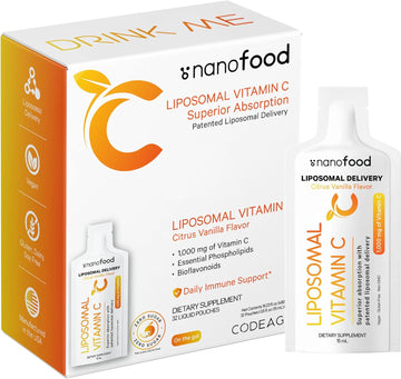 Codeage Liposomal Vitamin C Liquid 1000Mg Vitamin C, 4000Mg Essential Phospholipids, Supplement For Daily Immune Support, Liposomes For Absorption, Citrus Bioflavonoids, Vitamin E, Non-Gmo, 32 Pouches