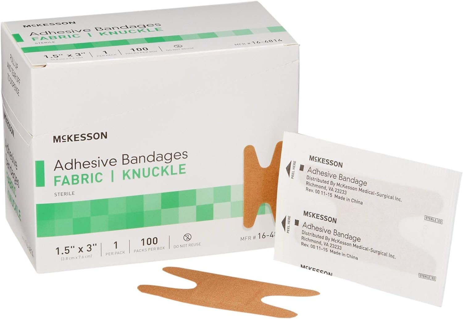 Mckesson Adhesive Bandages, Sterile, Fabric Knuckle, 1 1/2 In X 3 In, 100 Count, 24 Packs, 2400 Total