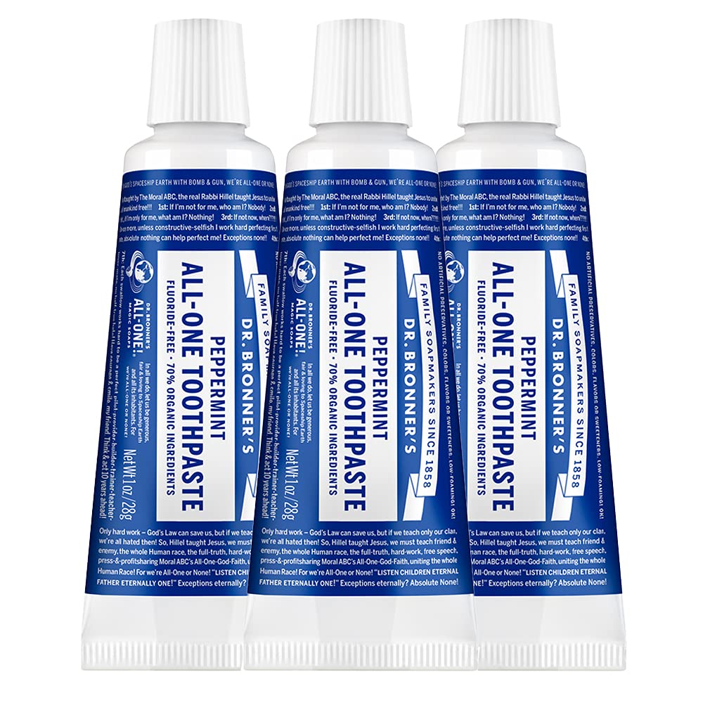 Dr. Bronner’s - All-One Toothpaste (Peppermint, 1 Ounce, 3-Pack) - 70% Organic Ingredients, Natural and Effective, Fluoride-Free, SLS-Free, Helps Freshen Breath, Reduce Plaque, Whiten Teeth, Vegan