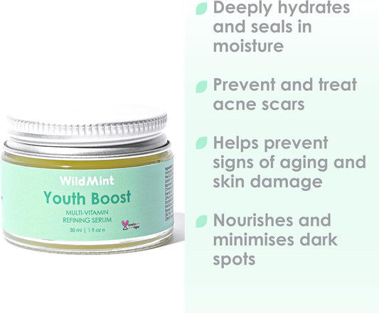 WildMint Youth Boost Natural Face Serum | Hydrating Anti-Aging Serum for Sensitive, Dry, Mature & Menopause Skin | Hyaluronic Acid & Vitamin C | UK Made Vegan & Cruelty-Free Skincare | 30ml