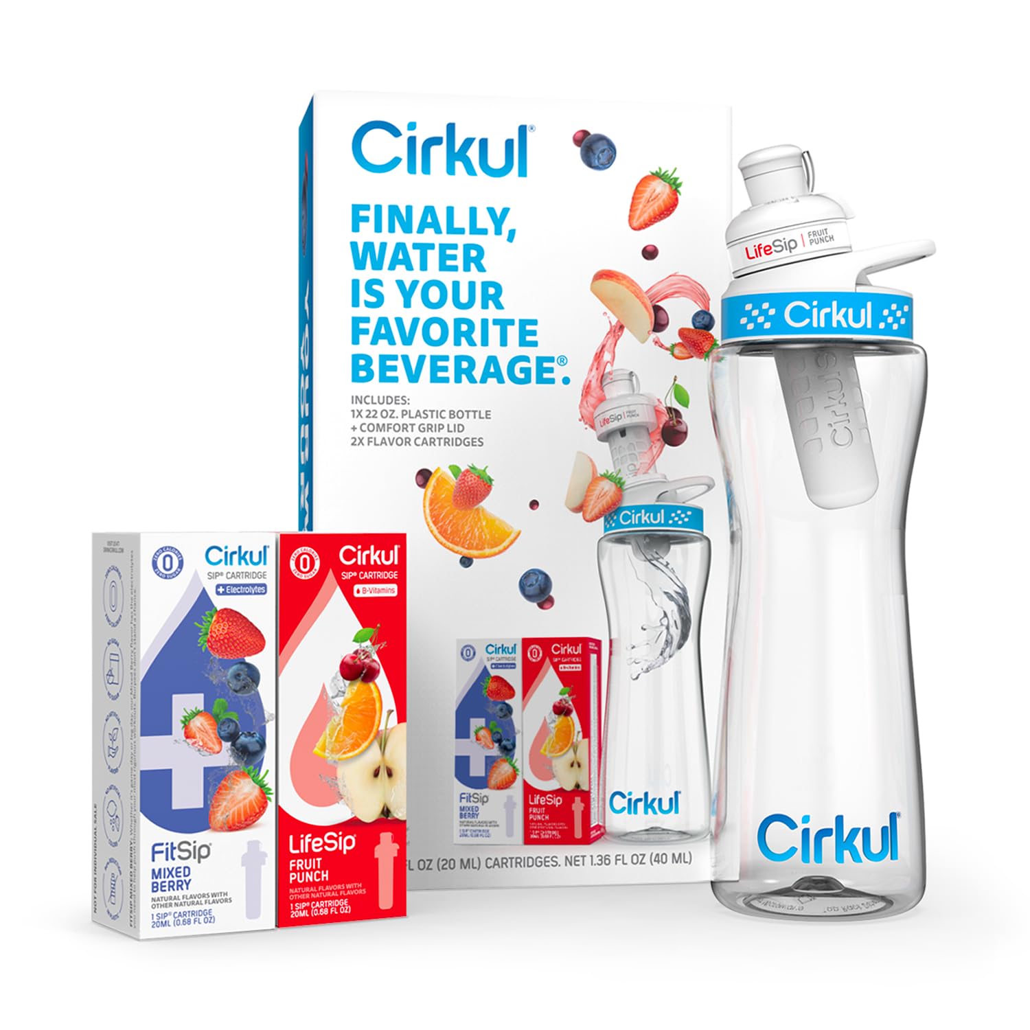 Cirkul 22Oz. Bpa-Free Plastic Water Bottle Starter Kit With Blue Lid, 2 Flavor Cartridges (1 Lifesip Fruit Punch, 1 Fitsip Mixed Berry) Zero Calories And No Sugar