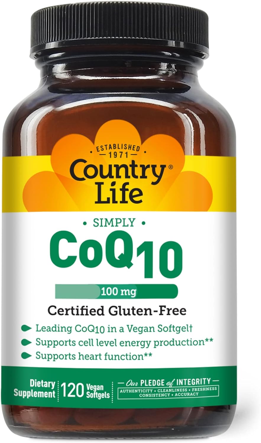 Country Life Simply CoQ10, Supports Heart Function, 100mg, 120 Softgels, Certified Gluten Free, Certified Vegan
