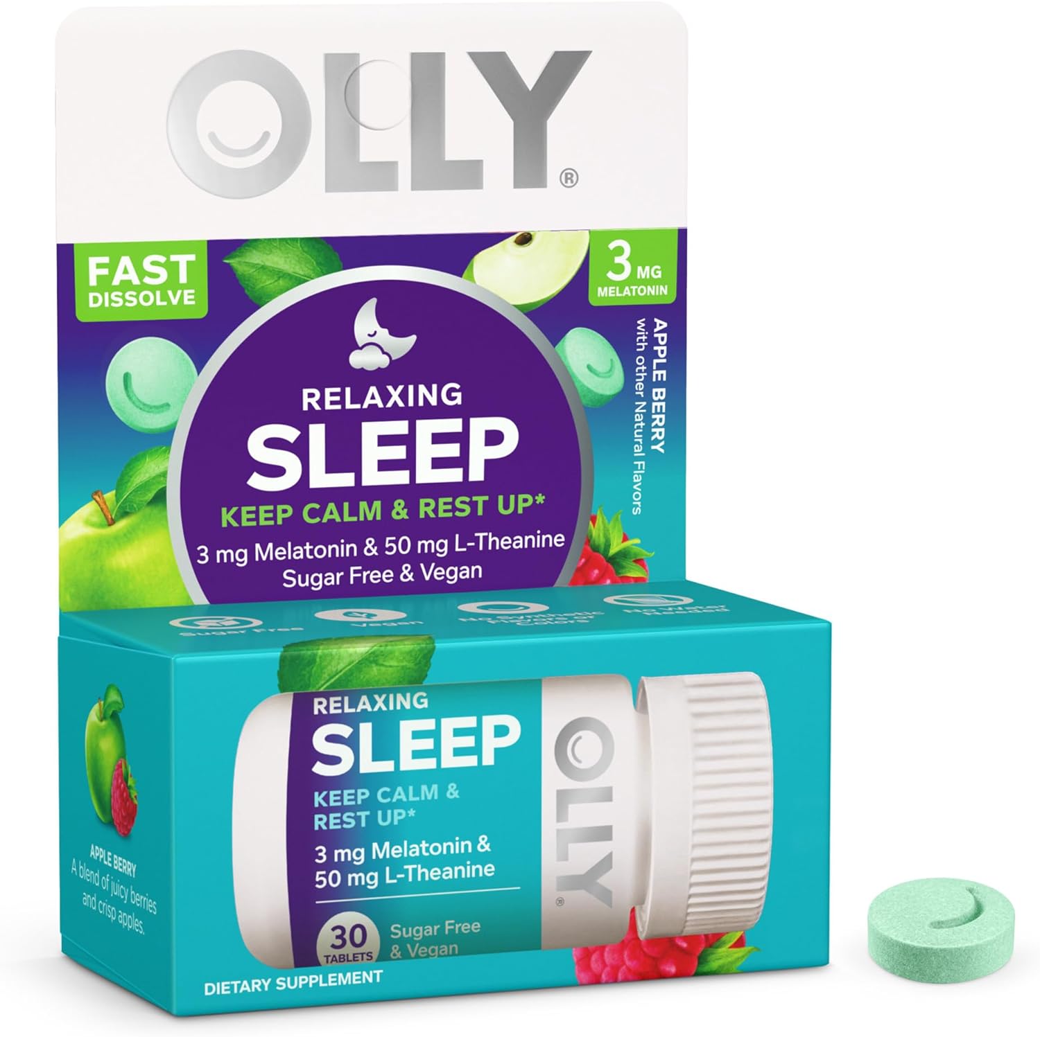 OLLY Relaxing Sleep Fast Dissolve Tablets, 3mg Melatonin, Vegan, Apple Berry - 30ct