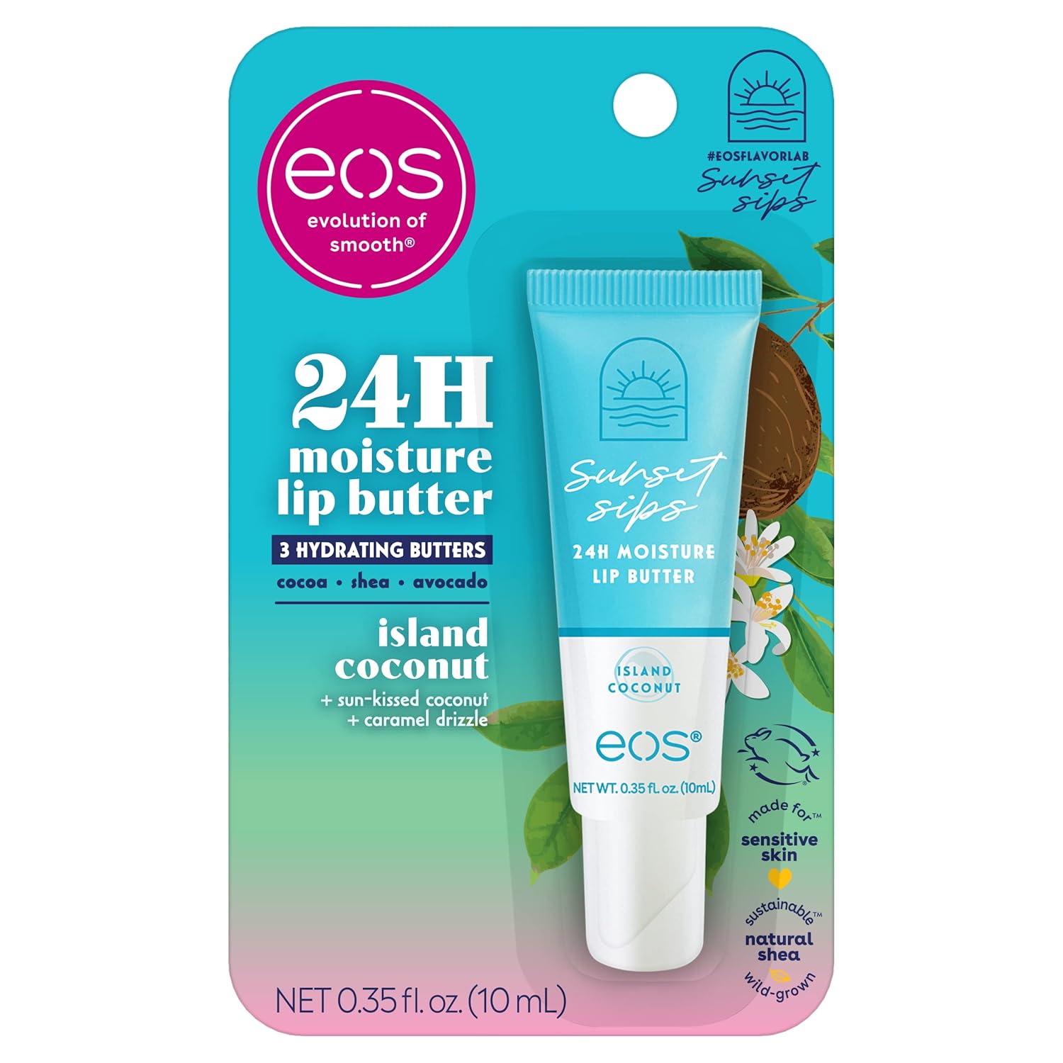 eos Sunset Sips Lip Butter Tube- Island Coconut, 24-Hour Moisture, Overnight Lip Mask, Lip Care Products, 0.35 fl oz