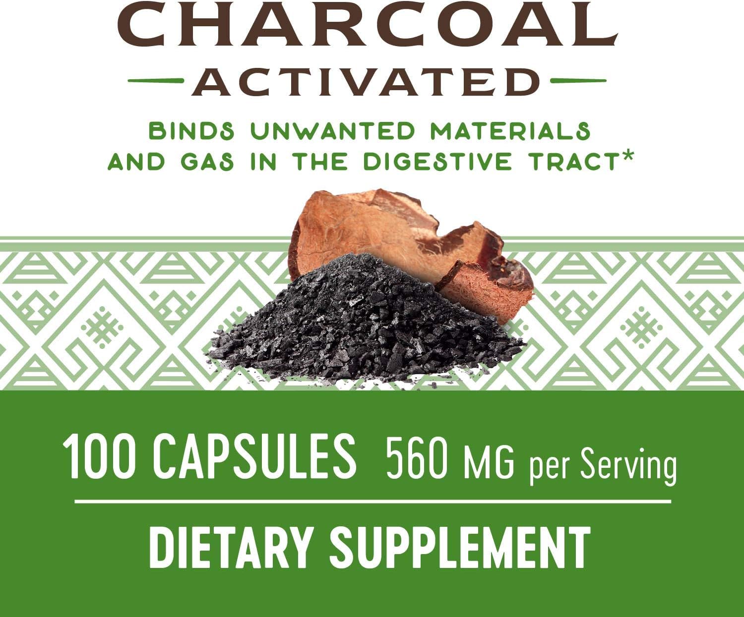 Nature's Way Activated Charcoal, Binds Unwanted Materials and Gas*, 560mg per Serving, 100 Capsules