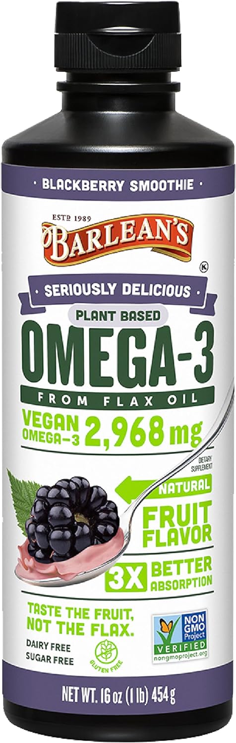 Barlean's BlackBerry Flaxseed Oil Liquid, Vegan Omega 3 6 9 Supplements for Kids & Adults from Cold Pressed Flax Seed Oil with 2,968 mg of Vegan Omegas, Non-GMO & Gluten Free, 16 oz