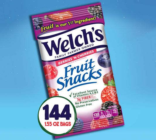 Welch'S Fruit Snacks, Berries 'N Cherries, Gluten Free, Bulk Pack, 1.55 Oz Individual Single Serve Bags (Pack Of 144)