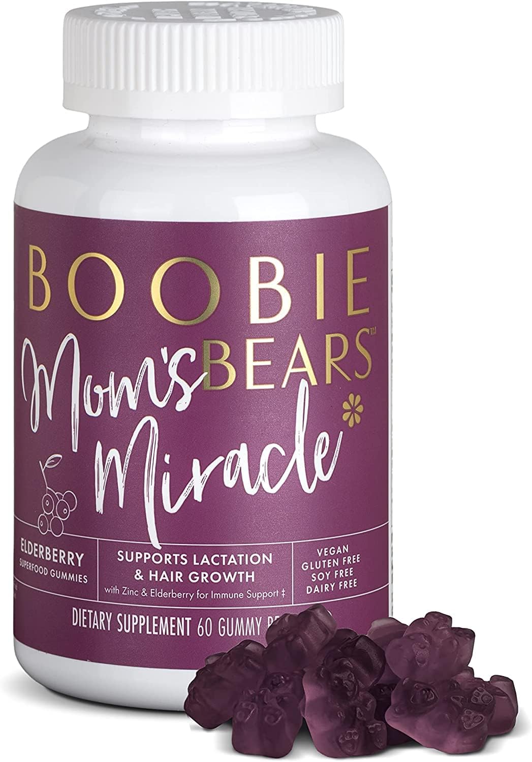 Boobie Bears Lactation Support Gummies | Helps As Milk Supply Booster & Supports Immune Health & Hair Growth | Breastfeeding Supplements With Zinc & Elderberry For Milk Supply Increase, 60 Count