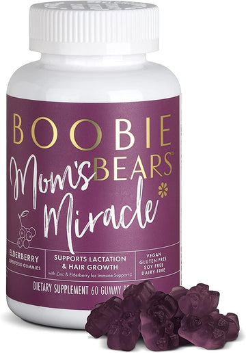 Boobie Bears Lactation Support Gummies | Helps As Milk Supply Booster & Supports Immune Health & Hair Growth | Breastfeeding Supplements With Zinc & Elderberry For Milk Supply Increase, 60 Count