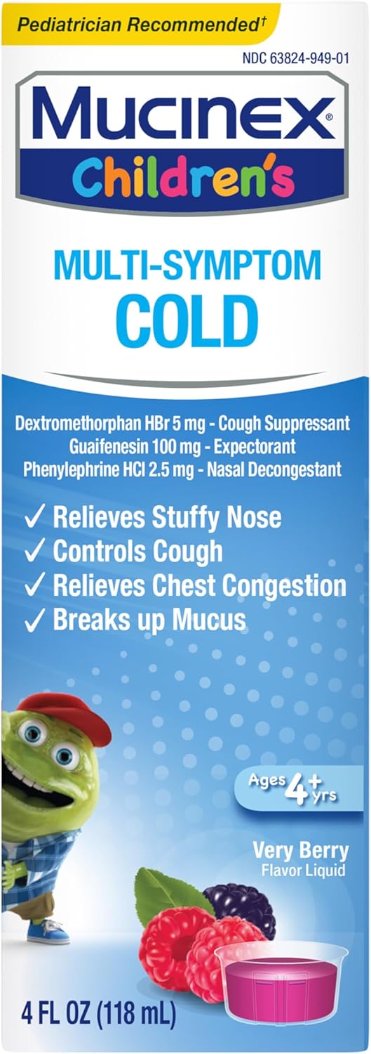 Mucinex Children'S Multi-Symptom Cold Medicine, Kids Cough Medicine, Mucinex Kids Medicine/Decongestant With Dextromethorphan Hbr, Guaifenesin, Phenylephrine Hcl, Very Berry Flavor Liquid, 4 Fl Oz