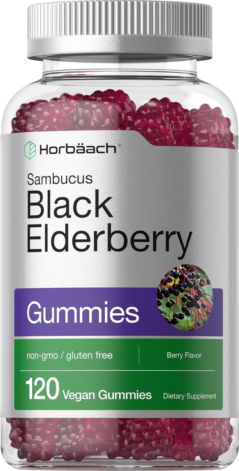 Horbäach Sambucus Black Elderberry Gummies | 120 Count | With Zinc And Vitamin C | Vegan, Non-Gmo, Gluten Free Extract For Adults | Berry Flavor