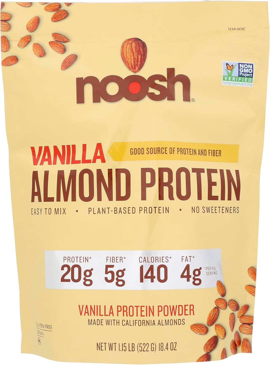 Noosh Plant Based Almond Protein Powder Vanilla 41 Gram - Vegan Protein Powder, All Natural Ingredients, Non-Gmo, Gluten Free, Kosher, Peanut Free, Soy Free, Dairy Free (Vanilla)