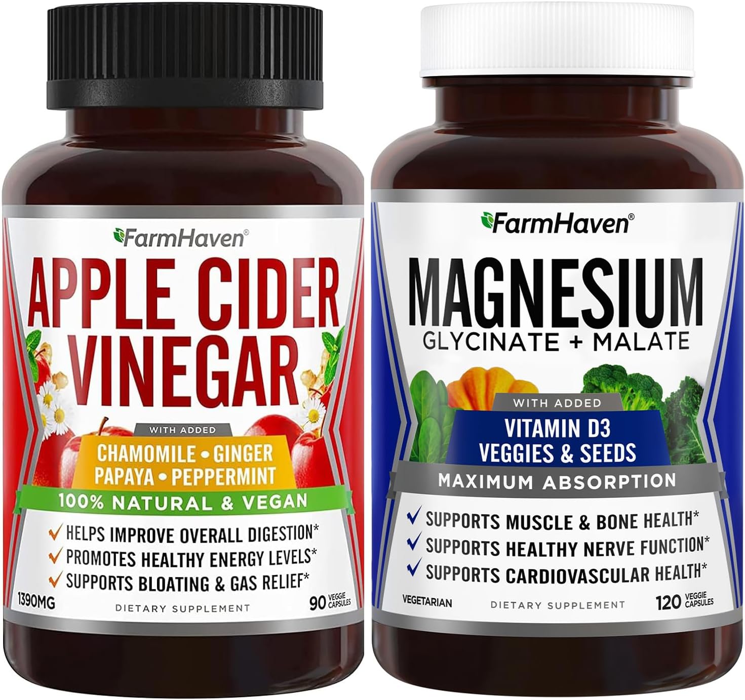 FarmHaven Apple Cider Vinegar Capsules with Ginger, Papaya & Chamomile | 90 Capsules & Magnesium Glycinate & Malate Complex w/Vitamin D3, 120 Capsules