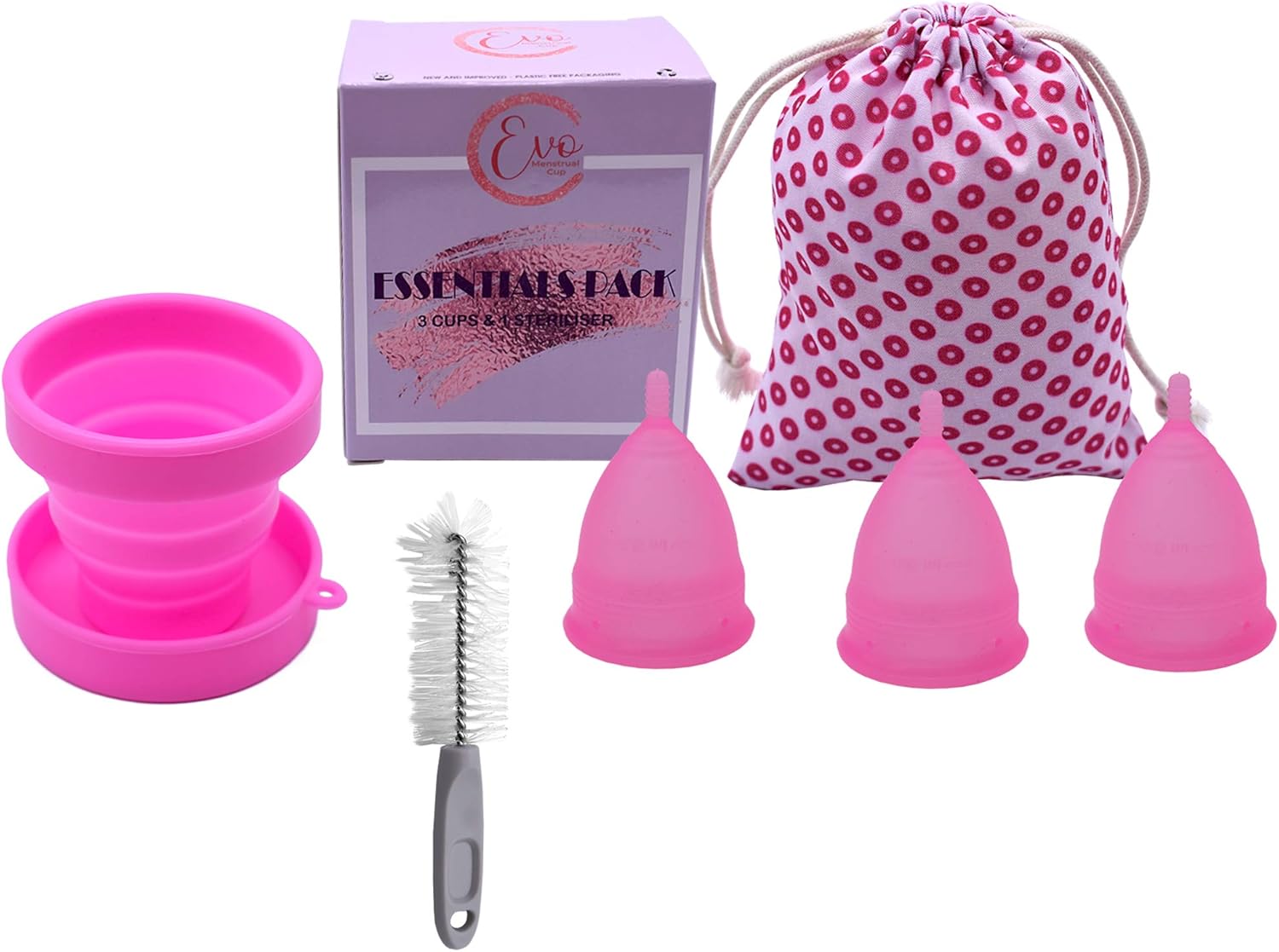 Menstrual Cup 3 Pack - Steriliser And Cleaning Brush - Soft Medical Grade Silicone Period Menstruation Cups - For Comfort And Fit - Size Large And Small - Sanitary Pad And Tampon Alternative (Large)