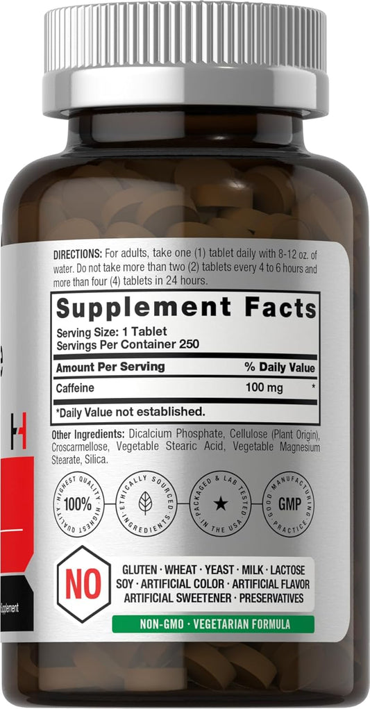 Horbäach Caffeine Pills 100Mg | 250 Tablets | Vegetarian Formula | Non-Gmo, Gluten Free Supplement