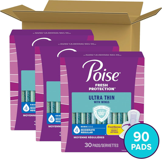 Poise Ultra Thin Incontinence Pads With Wings & Postpartum Incontinence Pads, 4 Drop Moderate Absorbency, Regular Length, 90 Count (3 Packs Of 30), Packaging May Vary