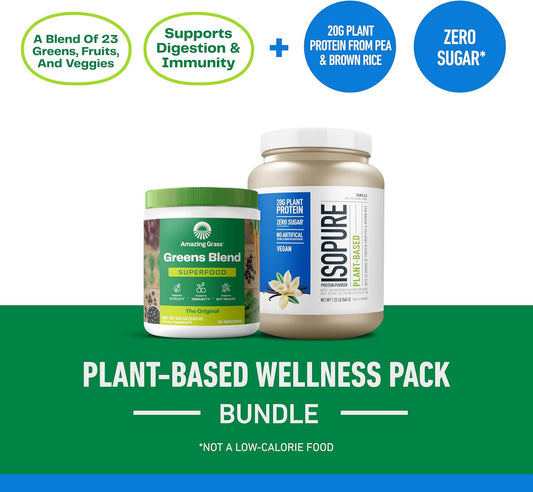 Bundle Of Amazing Grass Greens Superfood Powder: Original, 30 Servings + Isopure Vanilla Vegan Protein Powder, Plant Based, Organic Pea Protein, Dairy Free, 20 Servings (Packaging May Vary)