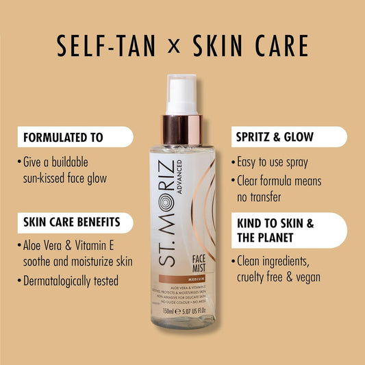 St Moriz Advanced Instant Tanning Face Mist With Aloe Vera & Vitamin E, Fast Drying Vegan Fake Tan, Medium (150Ml)