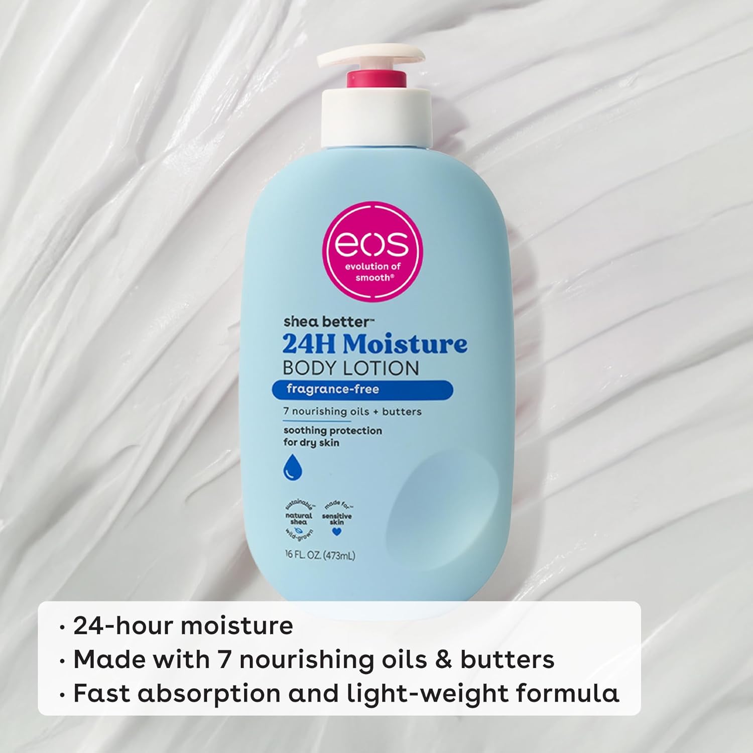 Eos Shea Better Body Lotion Fragrance Free, 24-Hour Hydration Skin Care, Lightweight & Non-Greasy, Natural Shea, Vegan, Unscented Body Lotion, 16 Fl Oz : Beauty & Personal Care