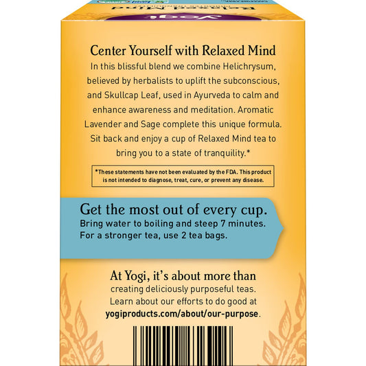 Yogi Tea - Relaxed Mind (6 Pack) - Supports Tranquility - Calming Tea With Gotu Kola And Lavender - Caffeine Free - 96 Organic Herbal Tea Bags