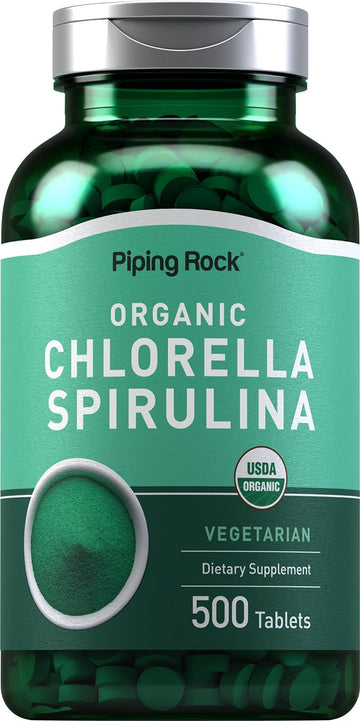 Piping Rock Chlorella Spirulina Organic | 500 Tablets | Vegetarian Pills | Non-GMO, Gluten Free Supplement
