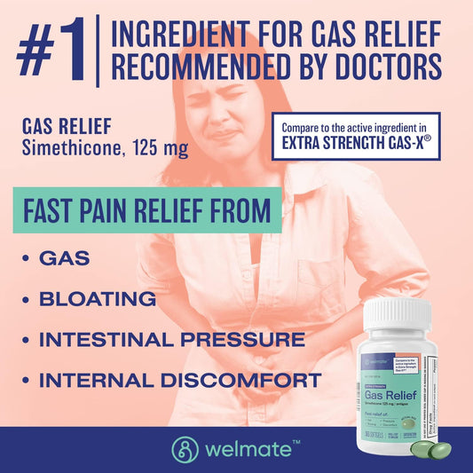 Welmate | Gas Relief | Simethicone 125Mg Softgels | Extra Strength | Ibs, Gas, Bloating, Pressure, & Discomfort Support For Women & Men | Fast Acting Stomach Support | 365 Softgels