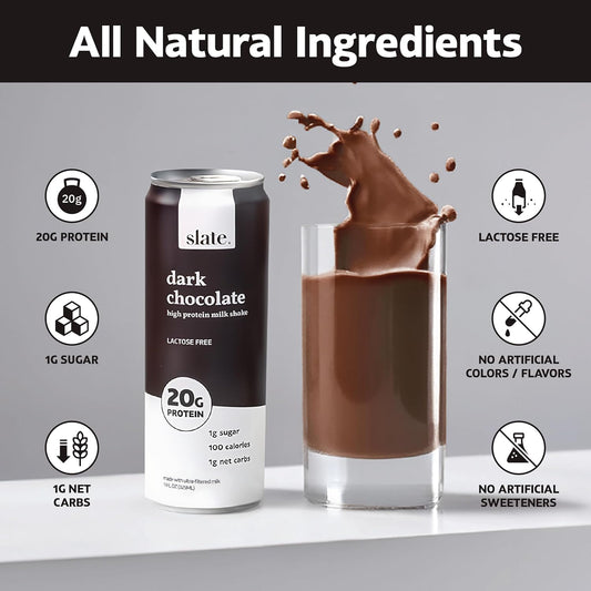 Slate Milk - High Protein Milk Shake - Dark Chocolate - Lactose Free, 20G Protein, 1G Sugar, 100 Calories, 1G Net Carbs, No Added Sugar - Natural, Breakfast Boost, Post Workout - 11 Fl Oz, 12 Cans