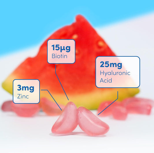 Hyaluronic Acid Vegan Gummies Supplements Vitamins Biotin Zinc Skin Hair Nails Support Beauty Women Men Health (60 Chewable Gummy), Watermelon Flavour