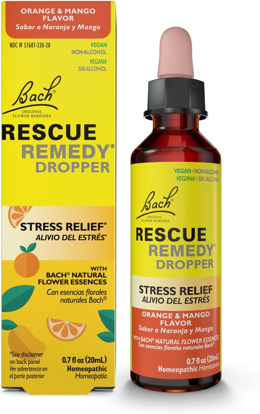 Bach Rescue Remedy, Orange Mango Flavor, Stress Relief, Homeopathic, Flower Essences, 20Ml